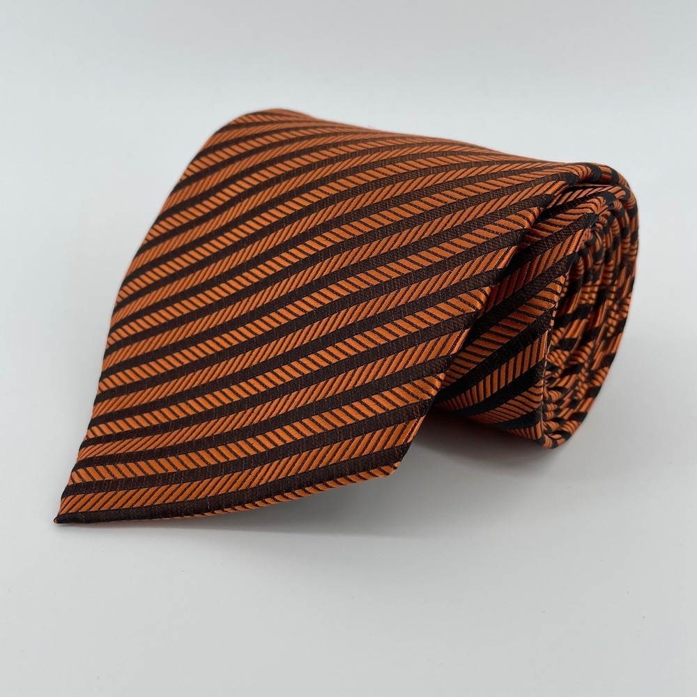 Ermenegildo Zegna Men's Silk Tie Orange Brown Striped Made in Italy